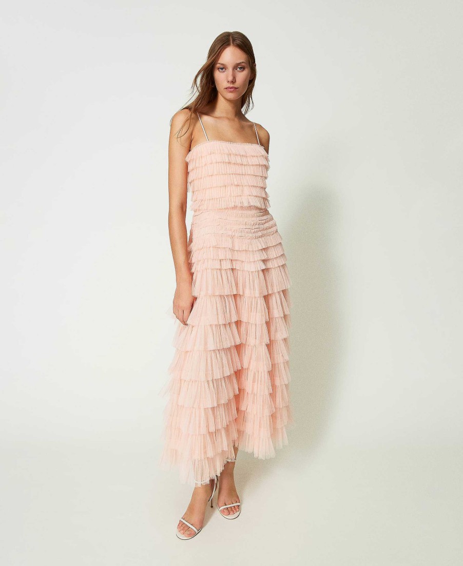 TWINSET Abito Longuette In Tulle Pliss Rosa New