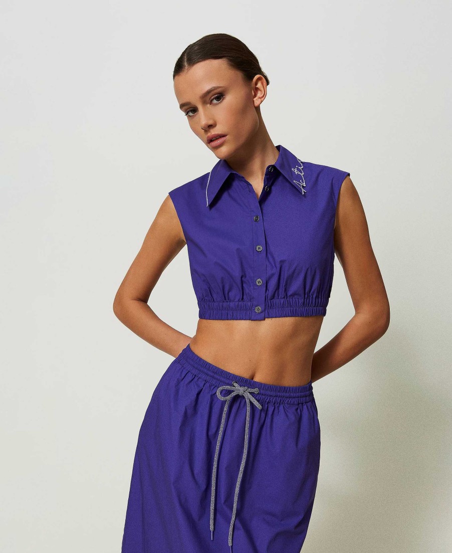 TWINSET Camicia Cropped Myfo In Popeline Con Ricamo Logo Viola Hot