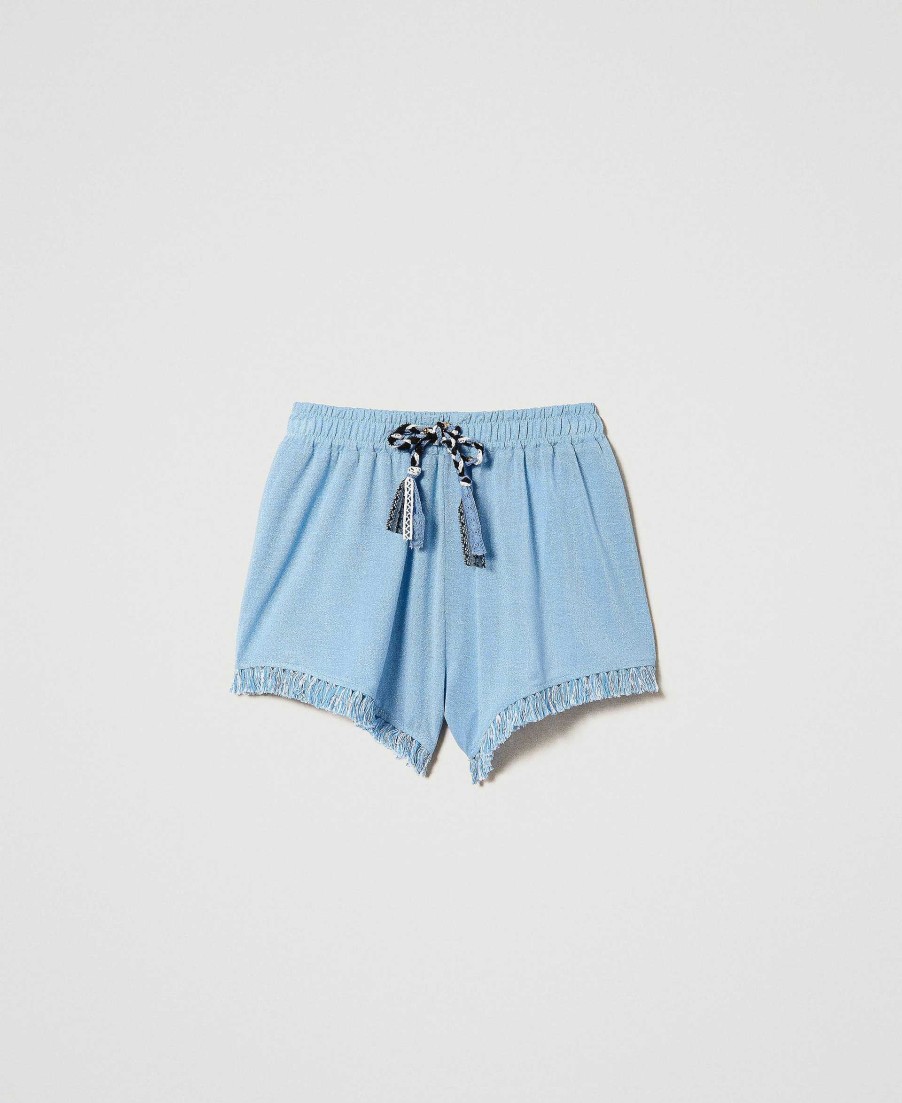 TWINSET Shorts Con Trecce E Frange Blu New