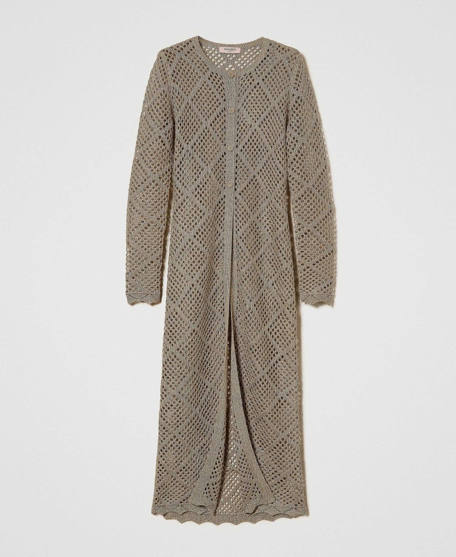 TWINSET Cardigan Lungo In Rete Lurex Marrone Clearance