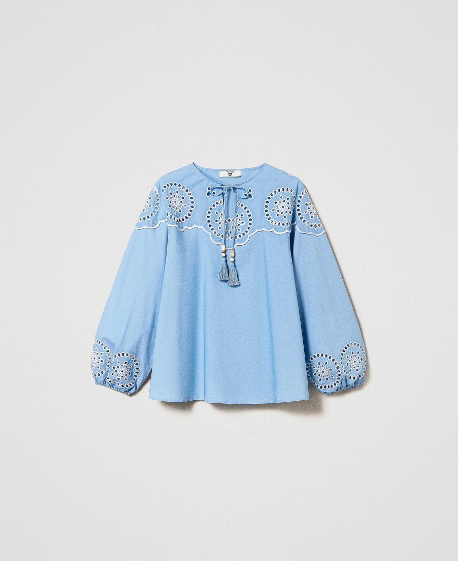 TWINSET Blusa In Popeline Con Ricamo Sangallo Azzurro Hot