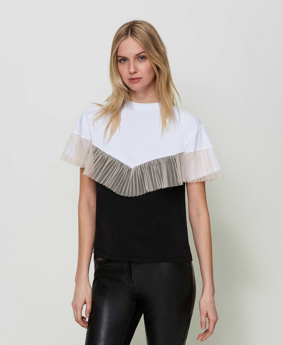 TWINSET T-Shirt Bicolore Con Balza In Tulle Nero Wholesale