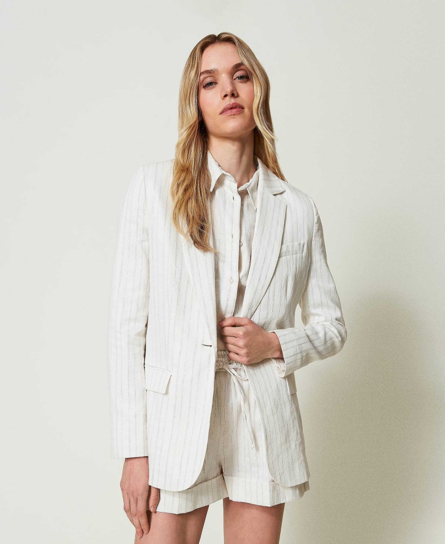 TWINSET Giacca Blazer In Misto Lino A Righe Lurex Bianco Wholesale