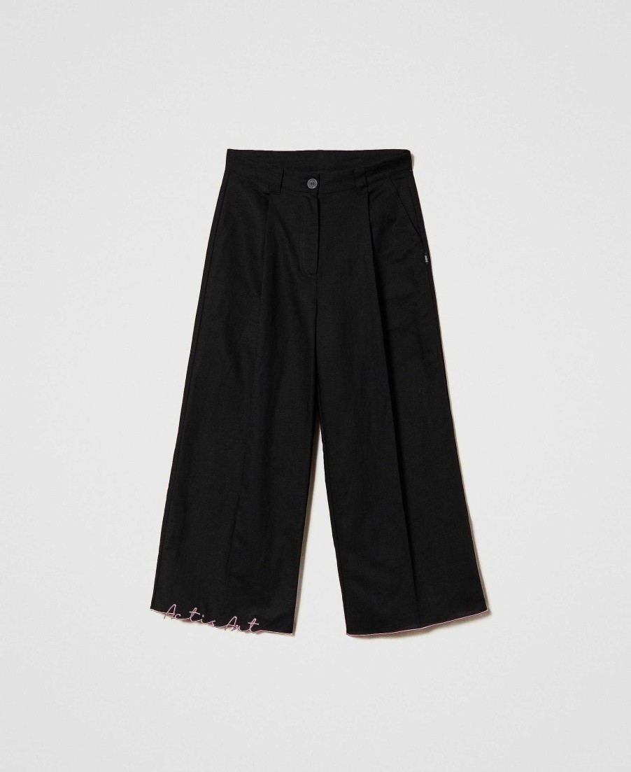 TWINSET Pantaloni Cropped Myfo In Misto Lino Ricamato Nero Best