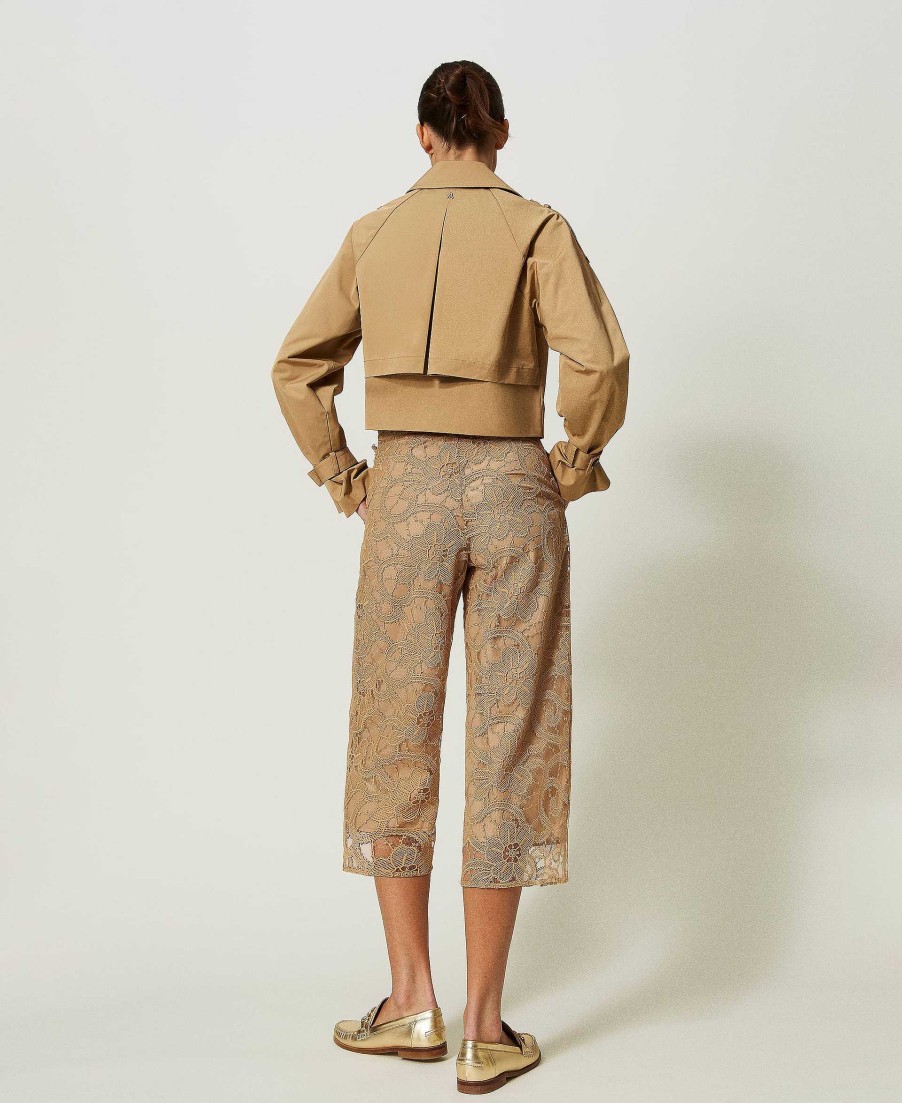 TWINSET Pantaloni Cropped In Organza Ricamata Marrone Clearance