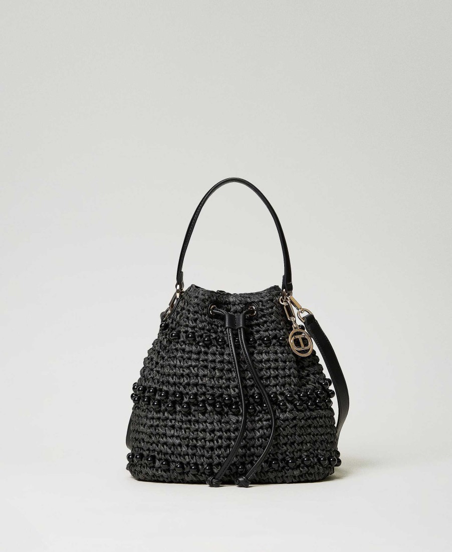 TWINSET Borsa Secchiello In Rafia Crochet Con Perle Nero Wholesale