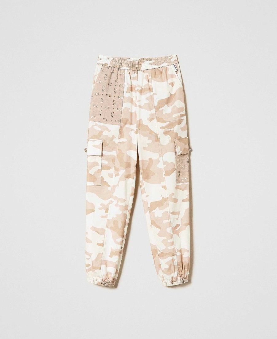 TWINSET Pantaloni Cargo A Stampa Camouflage Beige New