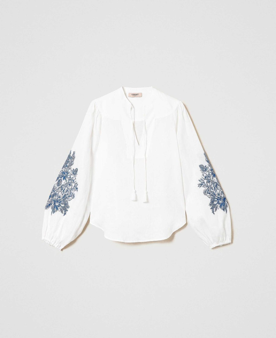 TWINSET Blusa In Lino Con Ricamo Floreale Bianco Clearance