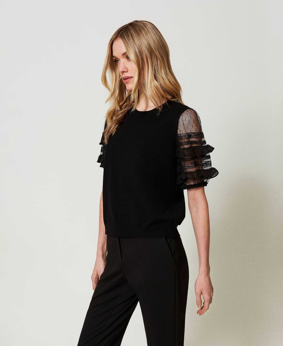 TWINSET Maglia Con Maniche In Tulle E Pizzo Nero New