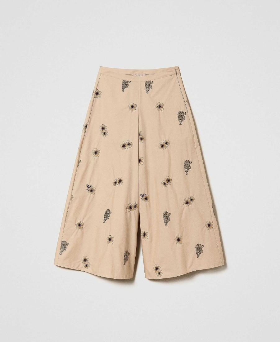 TWINSET Pantaloni Ampi In Popeline Con Ricamo All Over Beige Hot