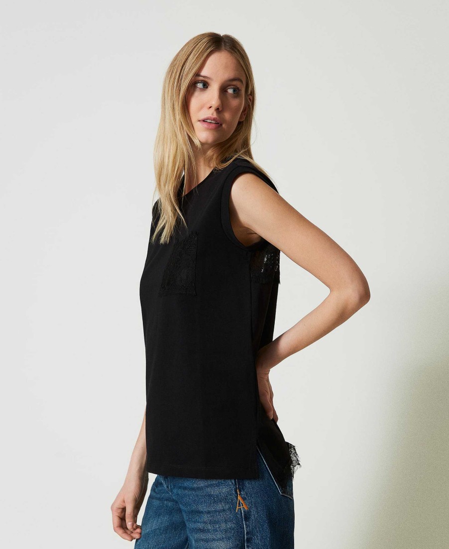 TWINSET T-Shirt Regular Con Pizzo Nero Online