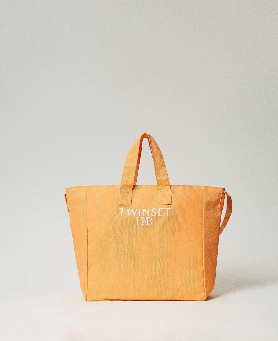 TWINSET Borsa Shopper In Canvas Con Logo Arancio Online