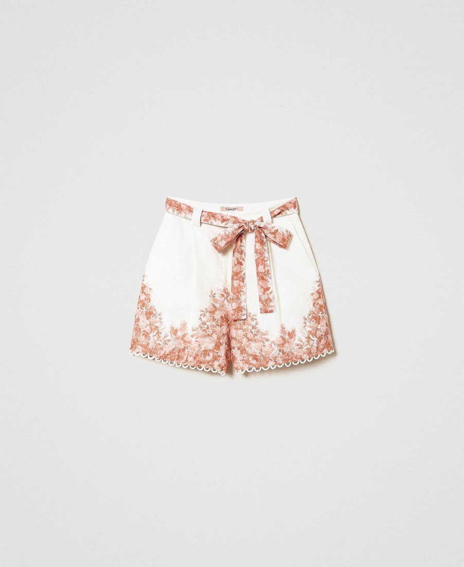 TWINSET Shorts In Lino Con Stampa A Fiori Bianco Wholesale