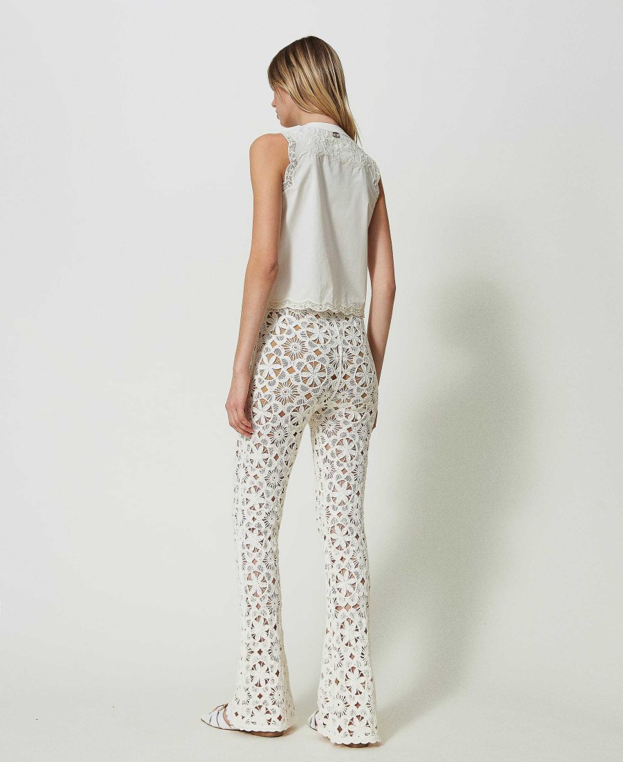 TWINSET Pantaloni Flare In Maglia Crochet A Fiori Beige Hot