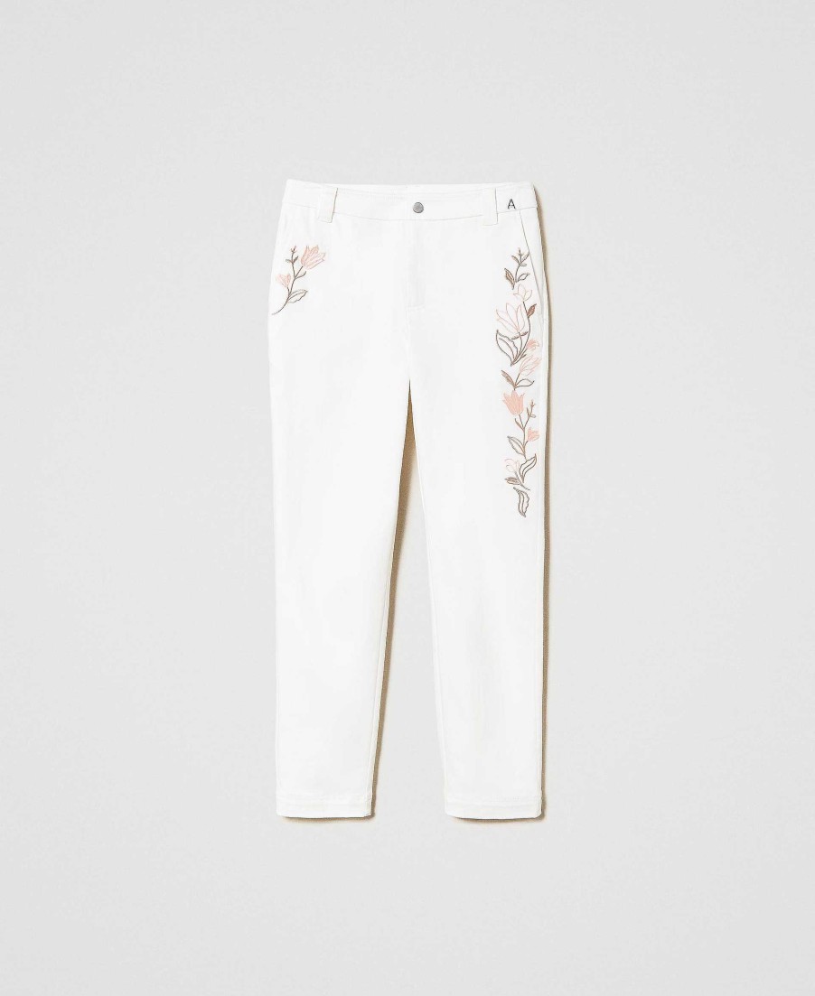 TWINSET Pantaloni In Cotone Organico Con Ricamo Bianco Wholesale