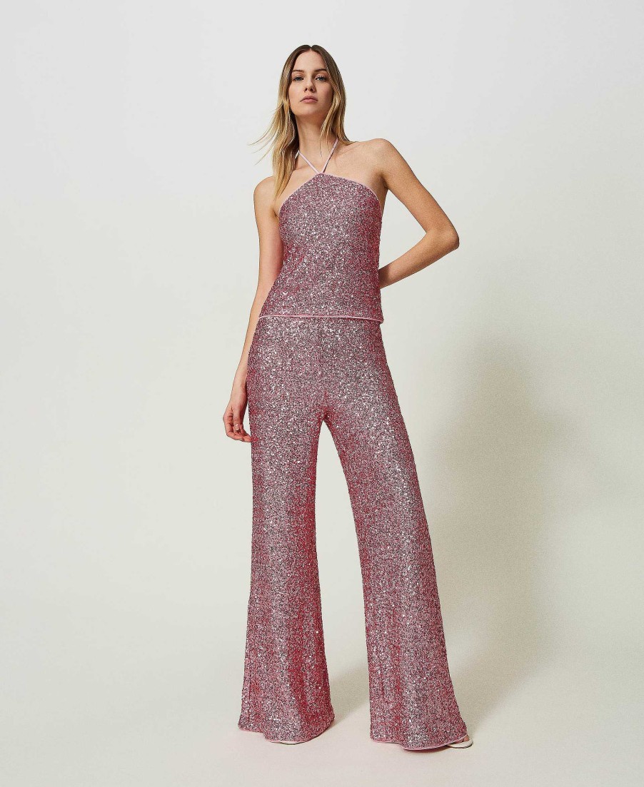 TWINSET Pantaloni A Palazzo In Full Paillettes Rosa Best