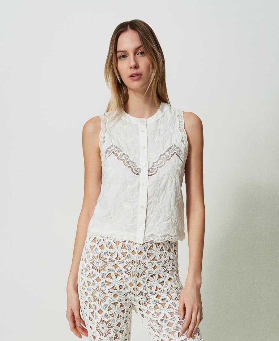 TWINSET Top Senza Maniche Con Ricami A Fiori Bianco New