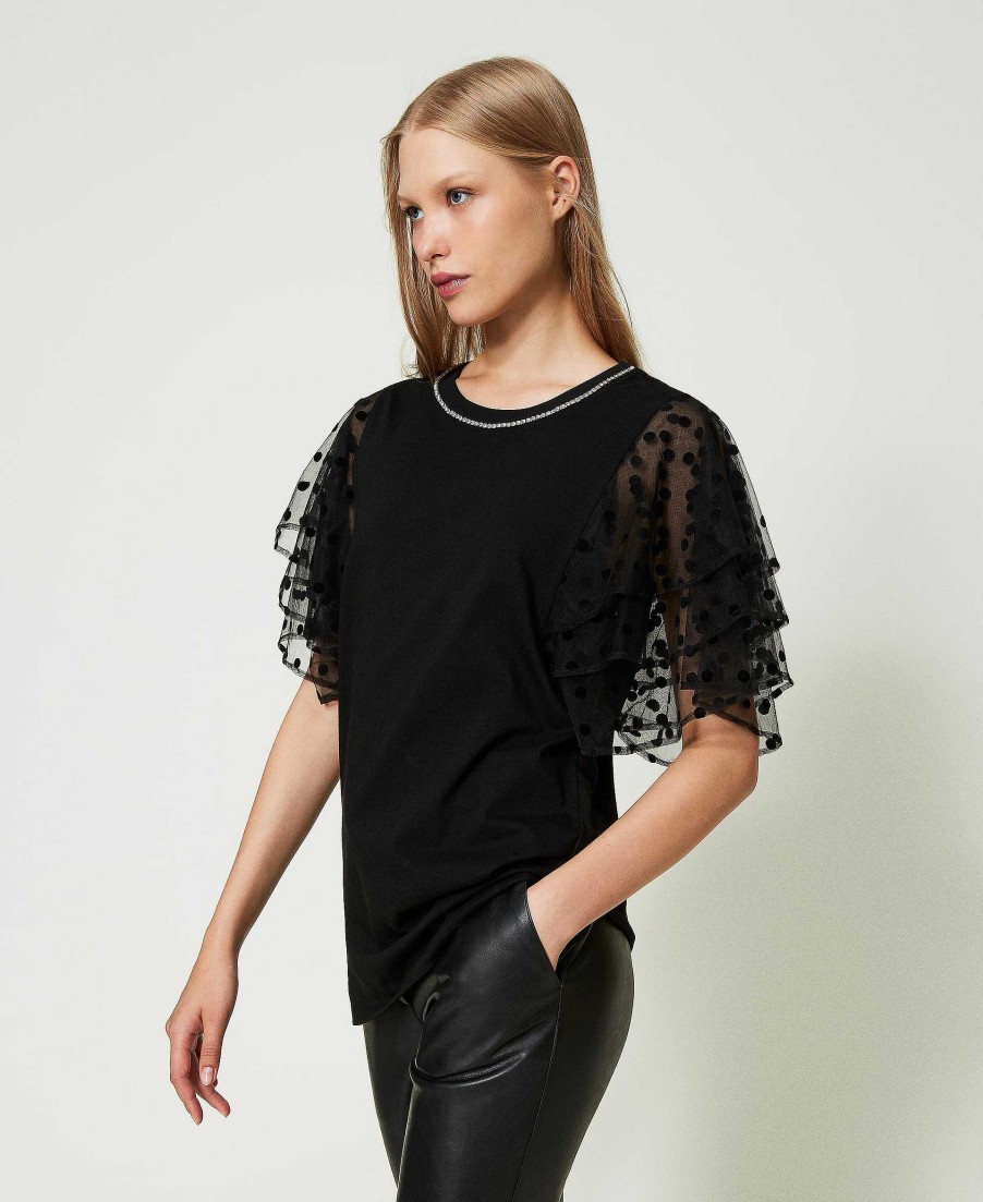 TWINSET T-Shirt Con Maniche In Tulle Nero New