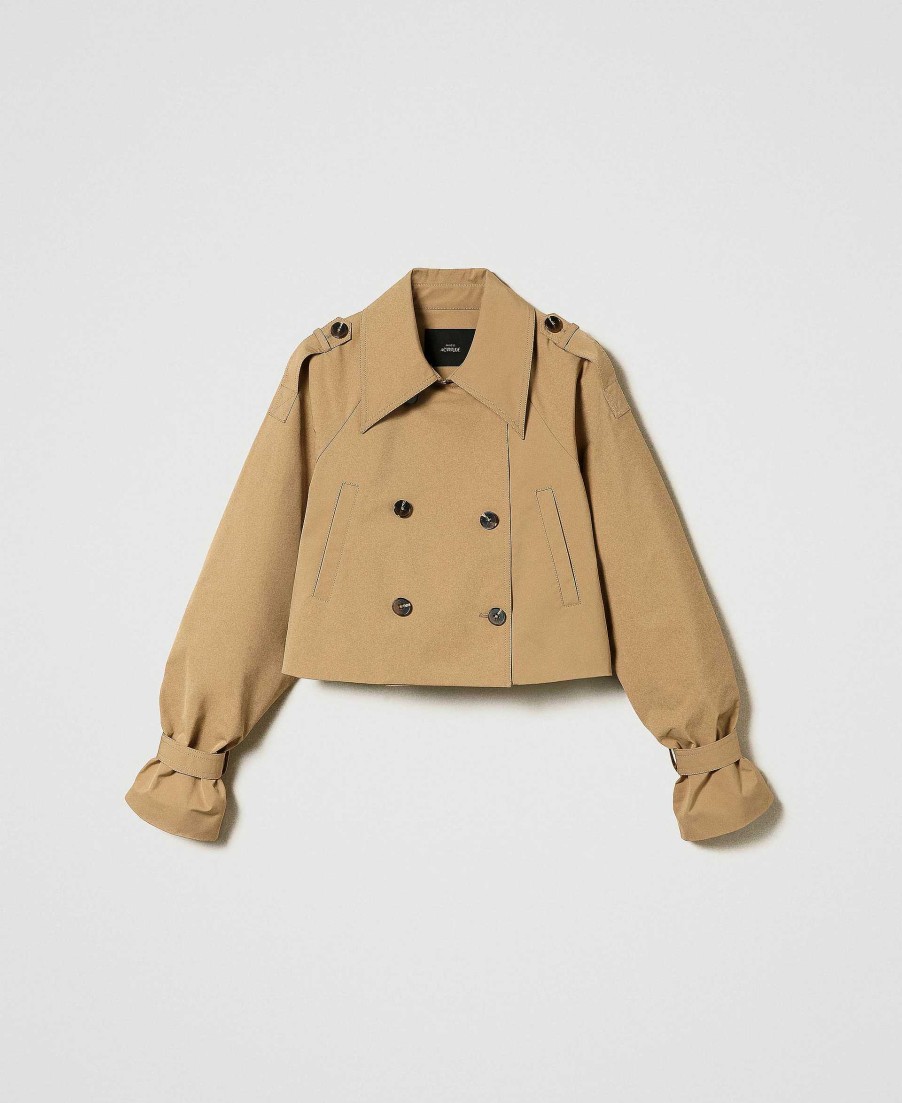 TWINSET Giacca A Trench In Gabardina Marrone Online