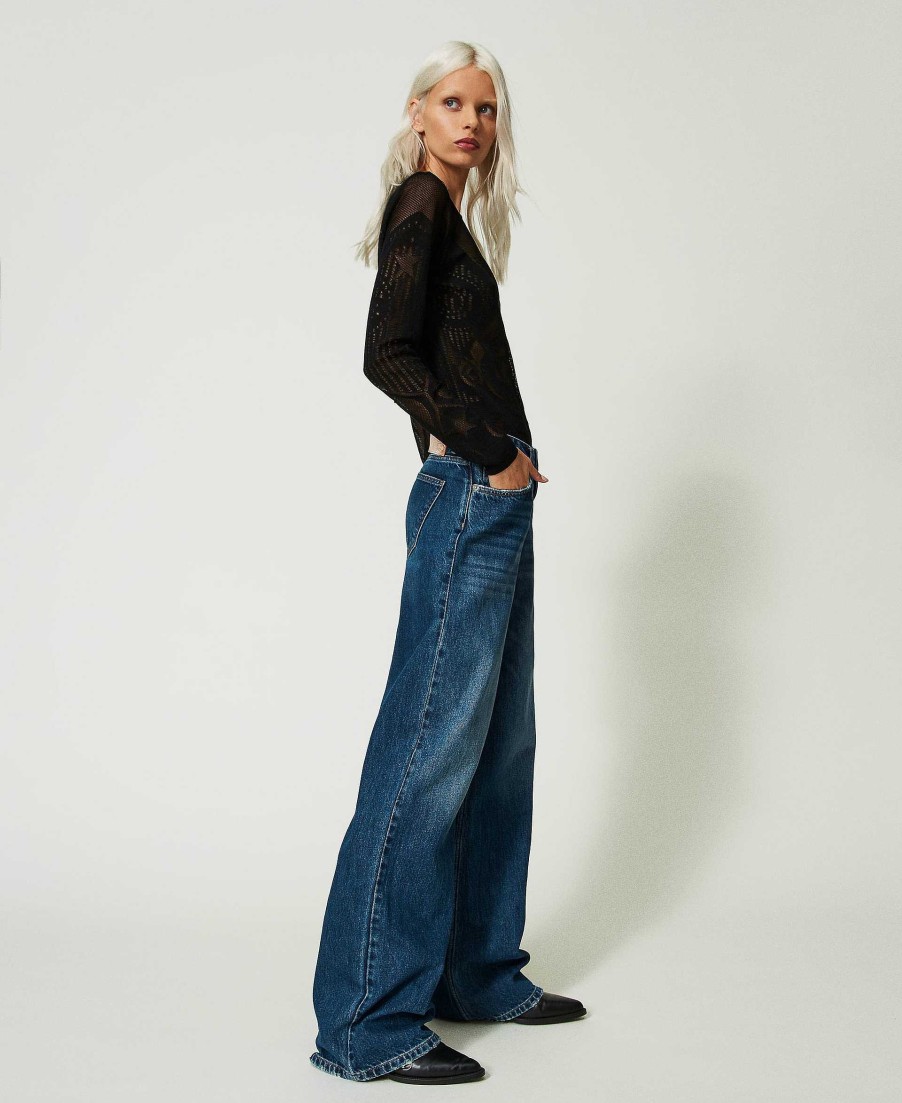 TWINSET Jeans Wide Leg Con Cut-Out Blu New