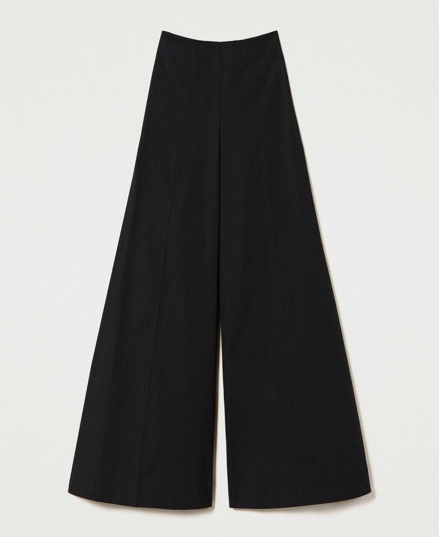 TWINSET Pantaloni Wide Leg In Popeline Stretch Nero Hot