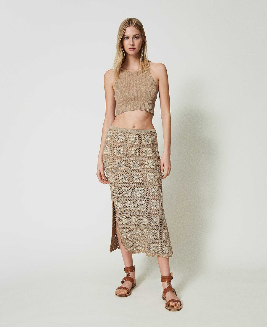 TWINSET Top Cropped In Maglia Lurex Beige Online