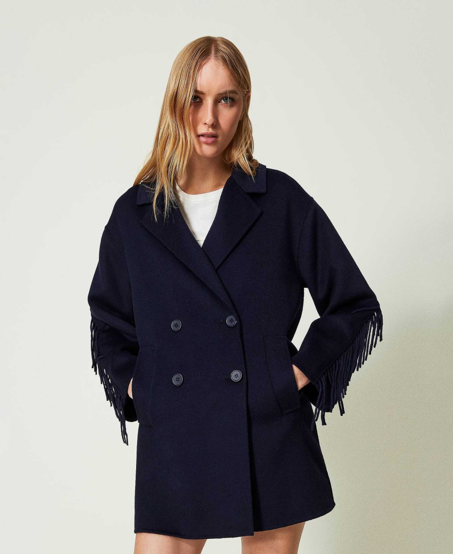 TWINSET Cappotto In Double Di Lana Con Frange Blu Clearance