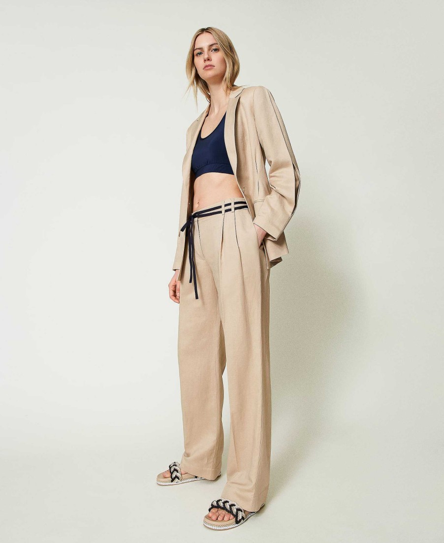 TWINSET Pantaloni In Misto Lino Con Cintura Beige Online