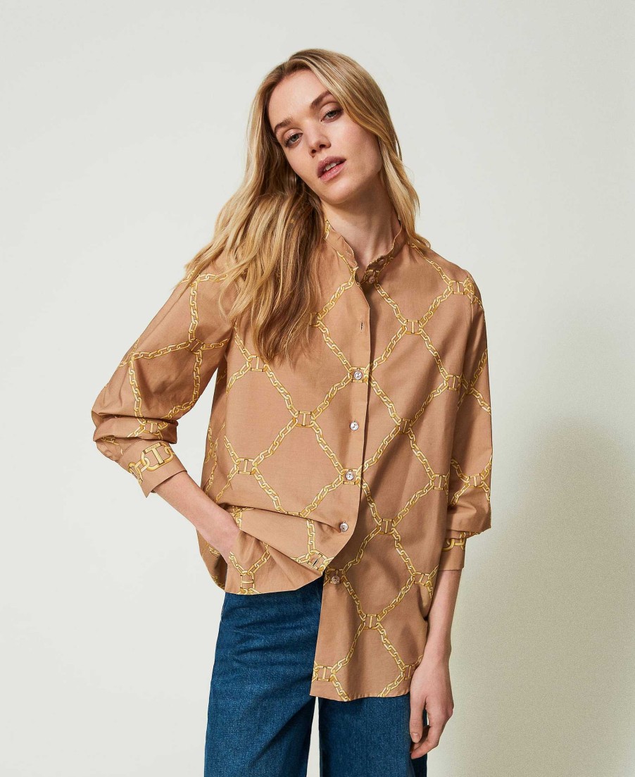 TWINSET Camicia In Popeline Con Stampa Catene Beige Clearance