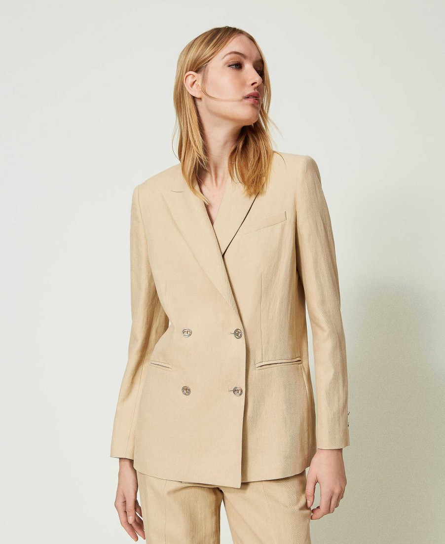 TWINSET Giacca Blazer In Saia Di Lino Beige Online