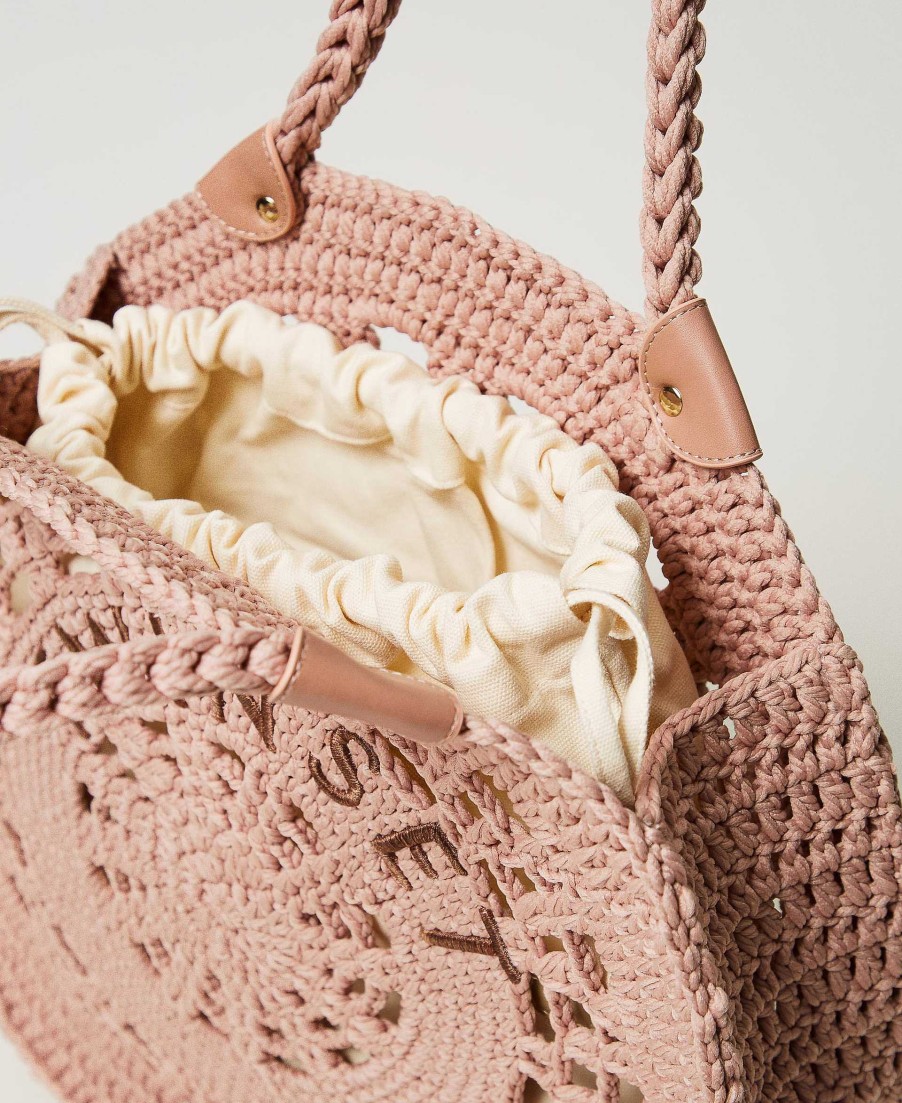 TWINSET Borsa Shopper 'Portofino' In Crochet Con Logo Marrone Hot