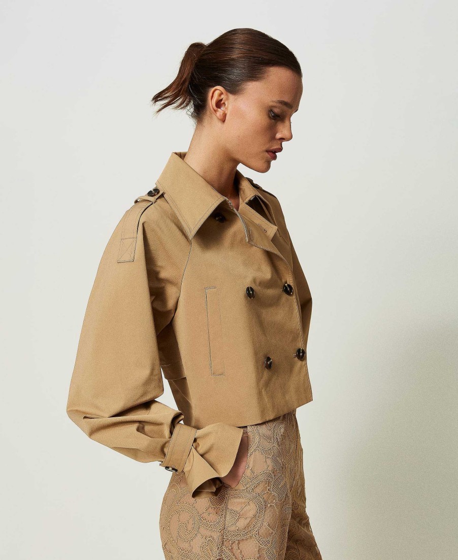 TWINSET Giacca A Trench In Gabardina Marrone Online