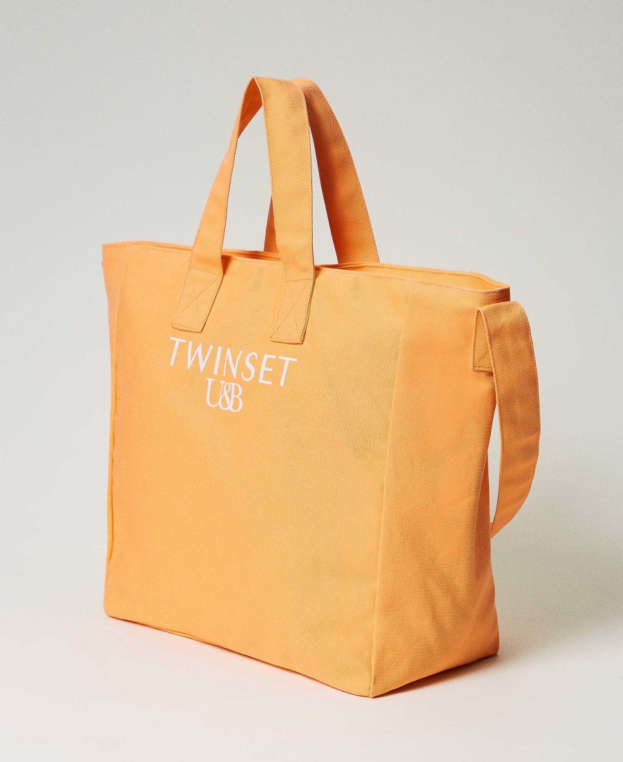 TWINSET Borsa Shopper In Canvas Con Logo Arancio Online