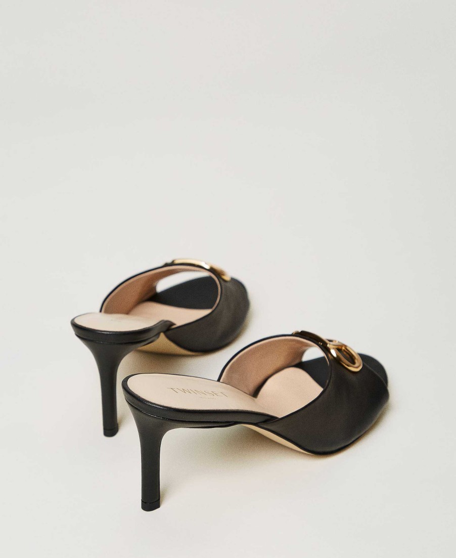 TWINSET Sandali Mules In Pelle Con Oval T Nero New