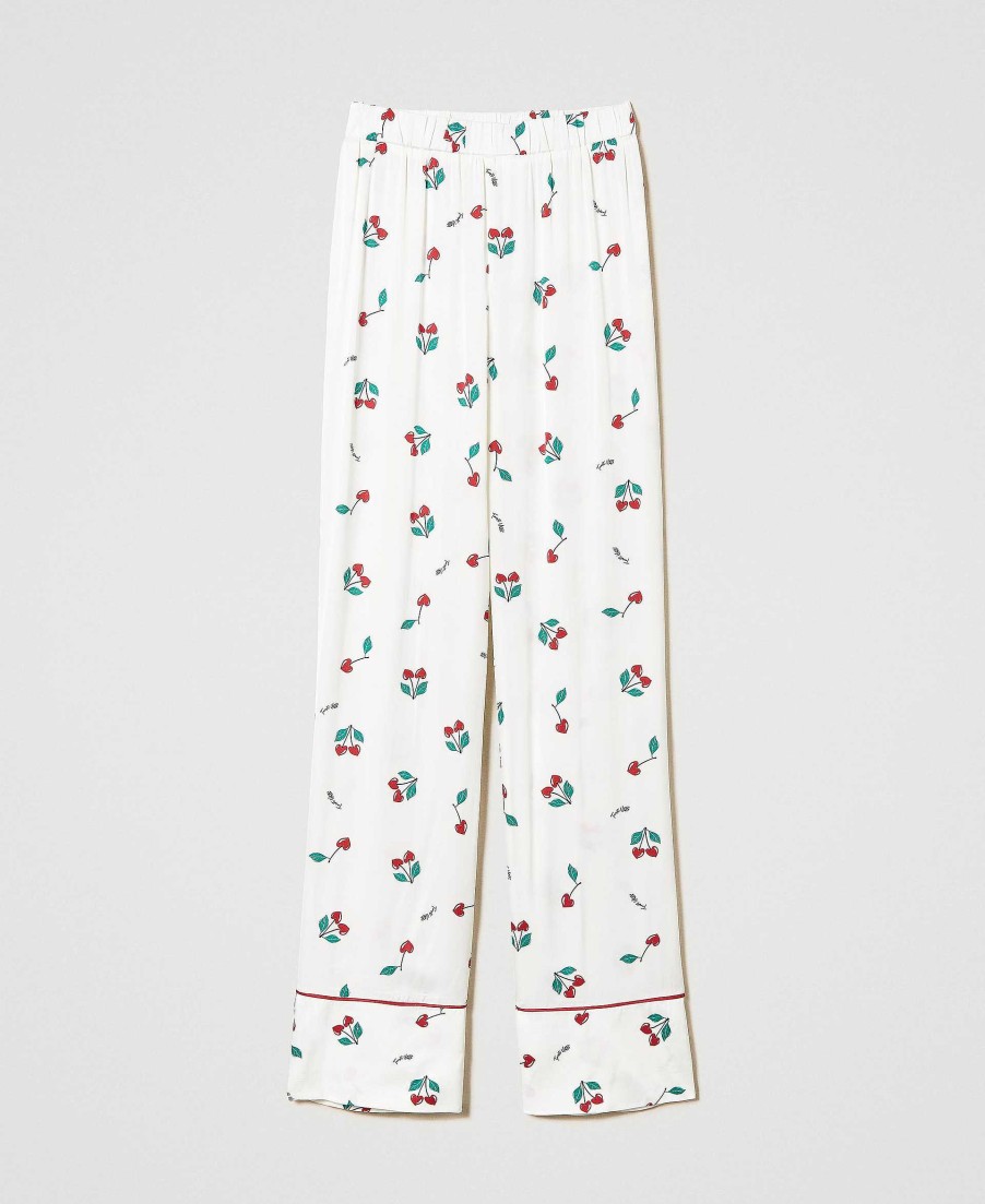 TWINSET Pantaloni In Raso Con Stampa Ciliegie Bianco Hot