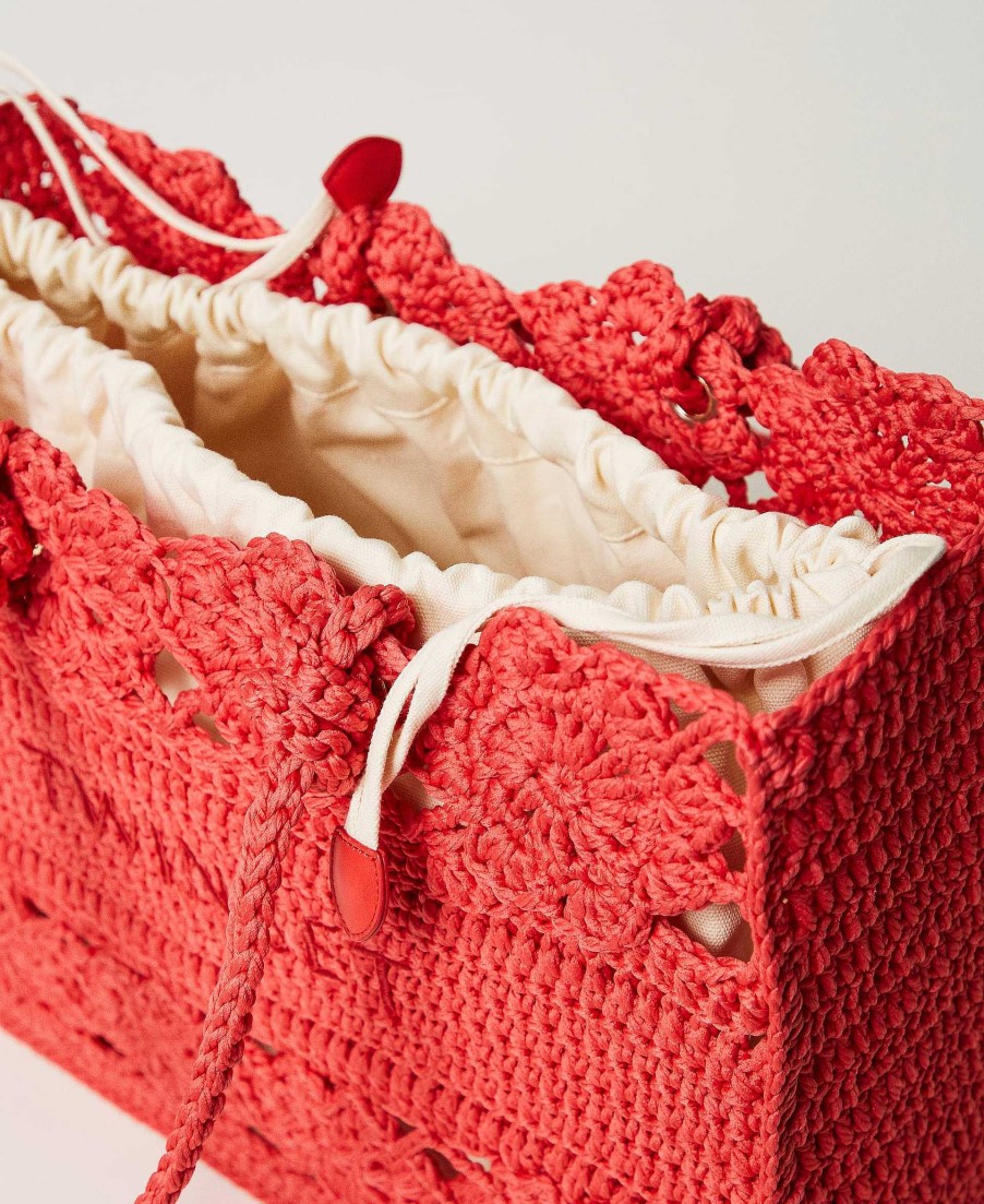 TWINSET Borsa Shopper In Crochet A Fiori Rosa Online