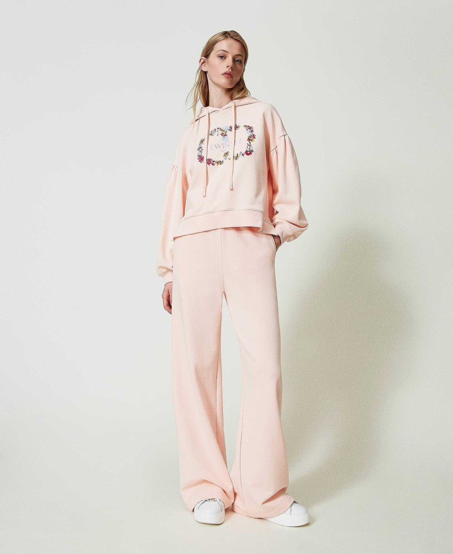 TWINSET Felpa Con Logo E Pantaloni Wide Leg Rosa Hot