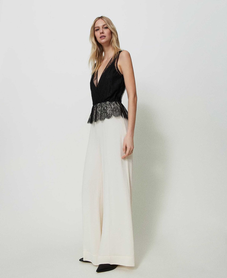 TWINSET Tuta Wide Leg Con Pizzo Chantilly Nero New