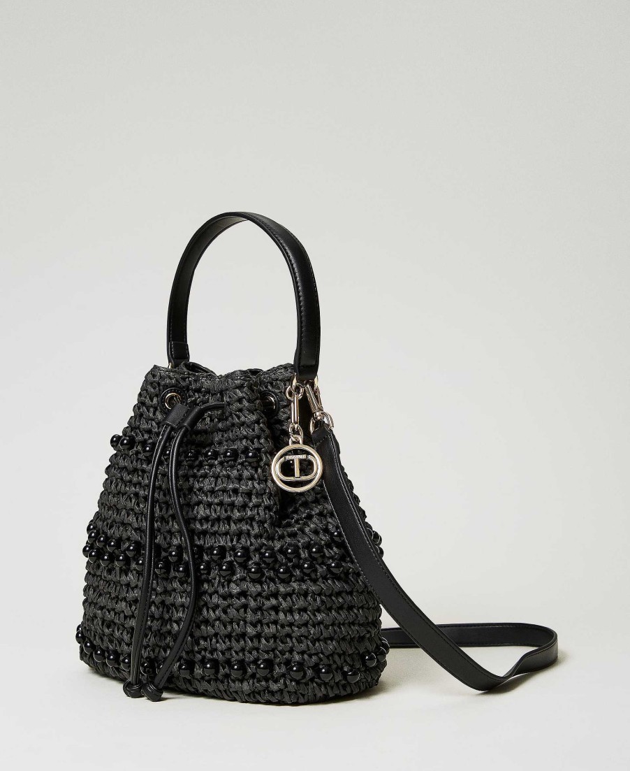 TWINSET Borsa Secchiello In Rafia Crochet Con Perle Nero Wholesale