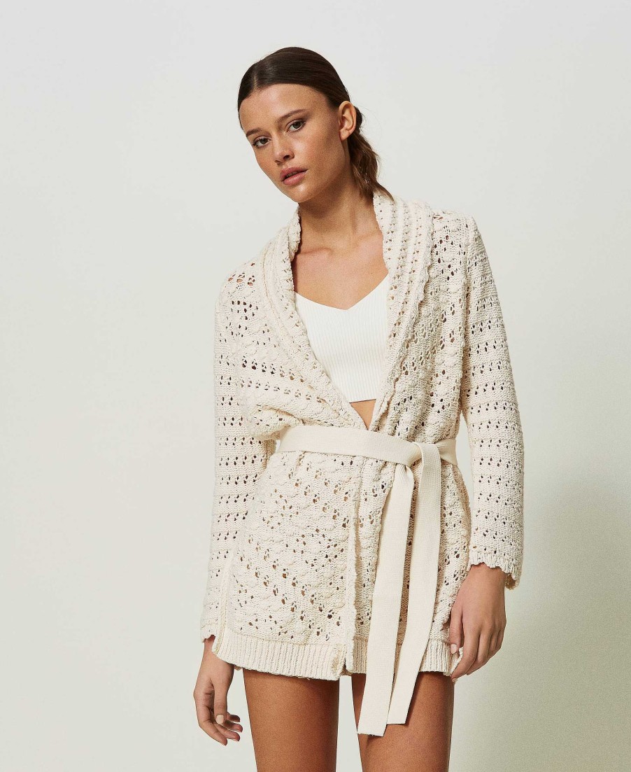 TWINSET Cardigan Traforato Con Cintura Bianco Hot