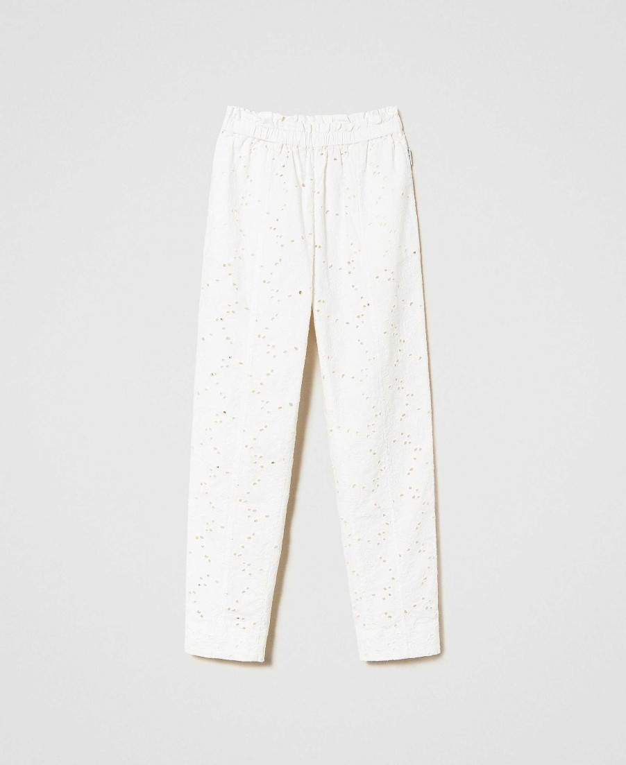 TWINSET Pantaloni In Twill Con Ricamo Sangallo Bianco Clearance