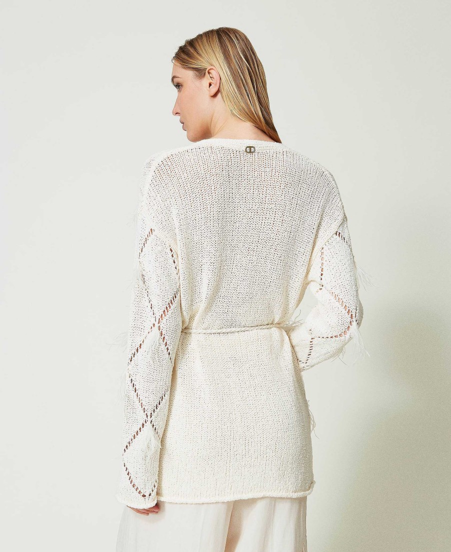 TWINSET Cardigan A Losanghe Con Piume Bianco Best