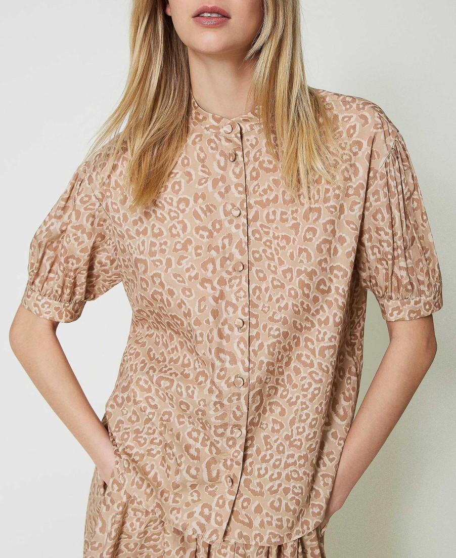 TWINSET Camicia In Popeline Animalier Beige New