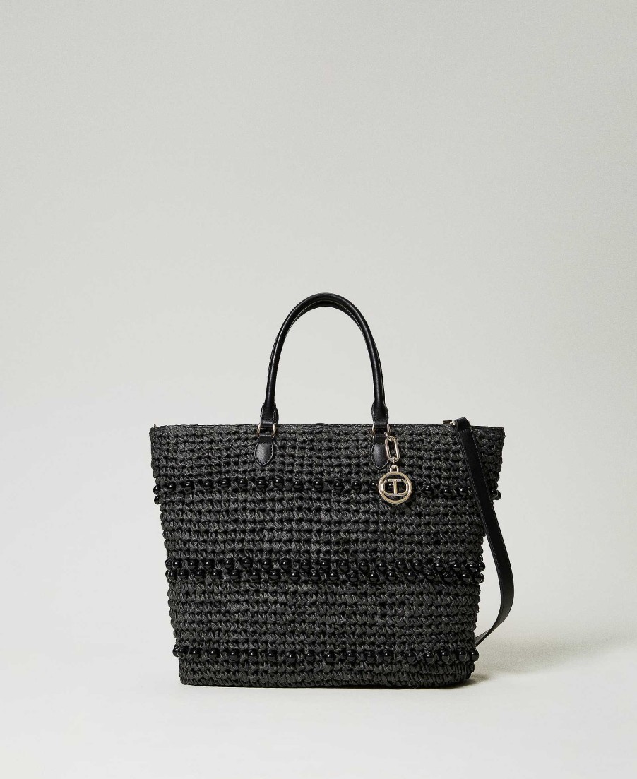 TWINSET Borsa Shopper In Rafia Crochet Con Perle Nero Online